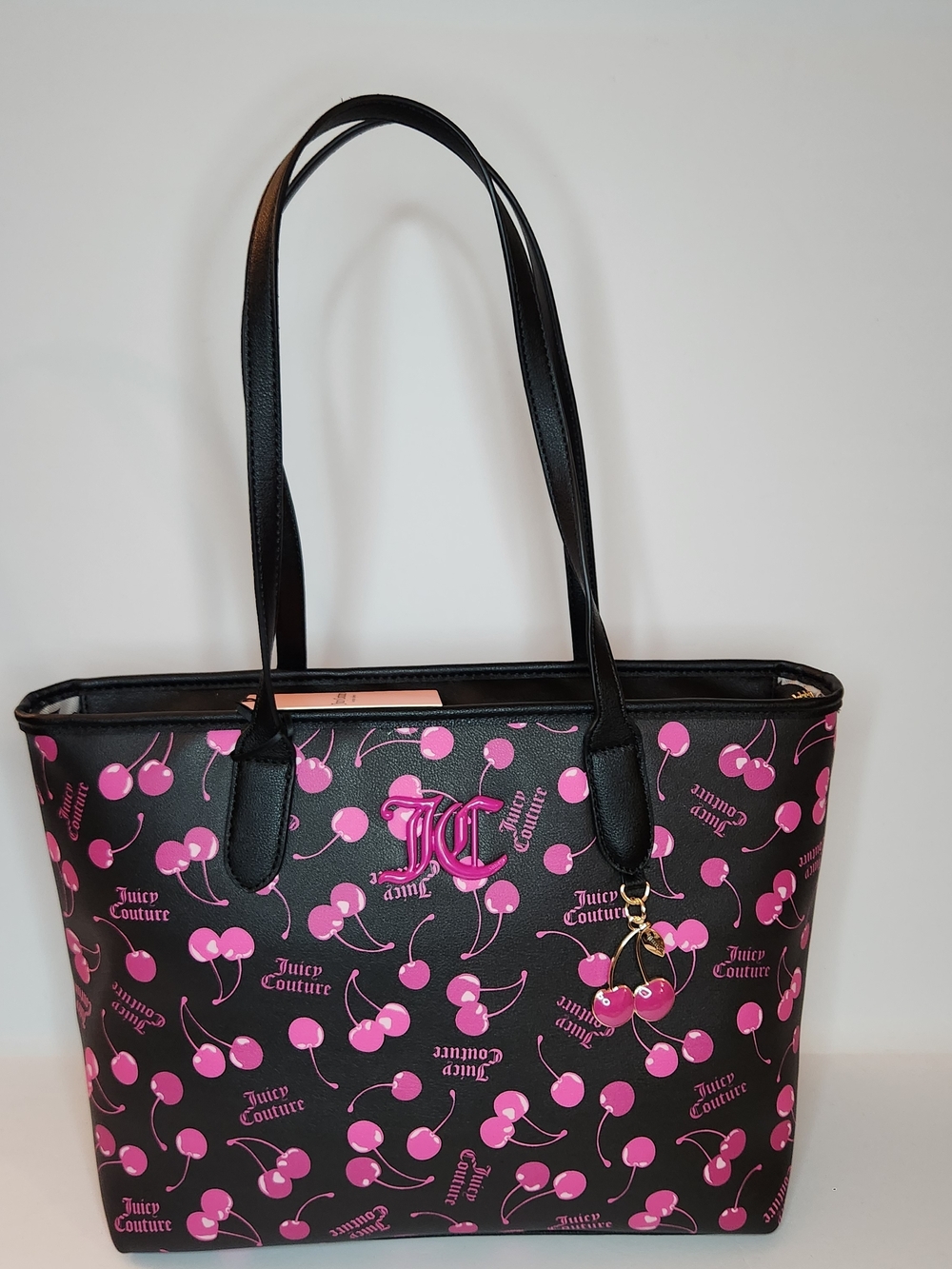 Juicy Couture Cherry On Top Black Tote with Pink Cherry Print and Charm NWT